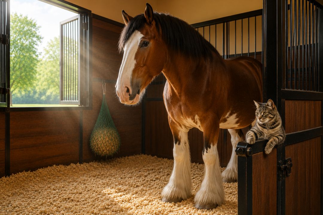Clean and beautiful stall with a Clydesdale